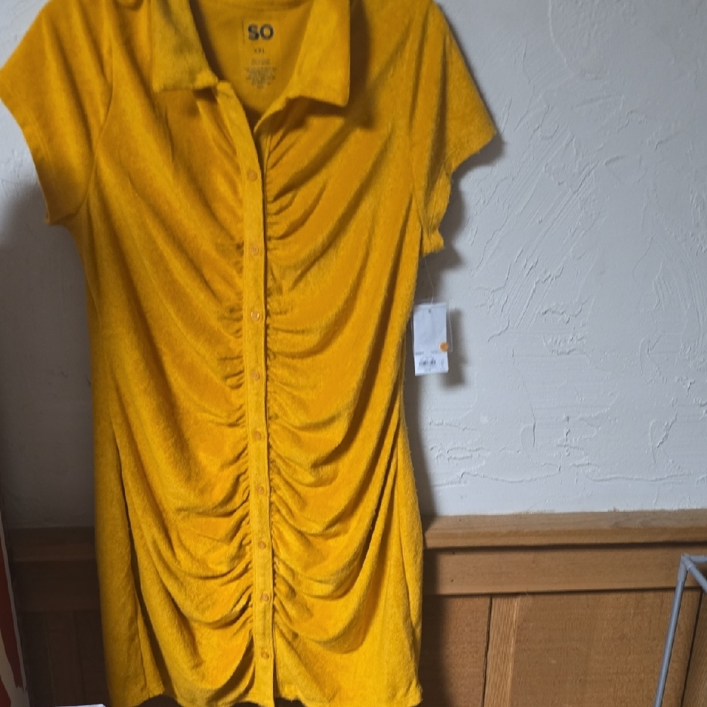 SO Golden Button-Up Ruched Dress New Wiith Tags Cute Dress